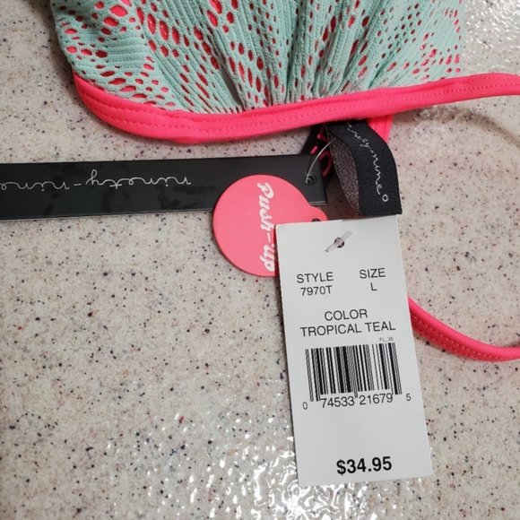 NWT RARE NINETY-NINE DEGREES CROCHET LACE BIKINI SET SZ L TEAL & NEON PINK - Picture 9 of 11